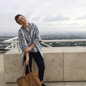 anthropologie blue and cream striped coat